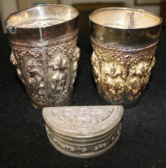 Burmese silver box and 2 beakers